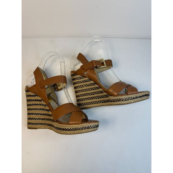 Michael Kors Espadrilles Wedge Sandals Womens Size 7M Brown Leather Ankle Strap - Picture 7 of 12